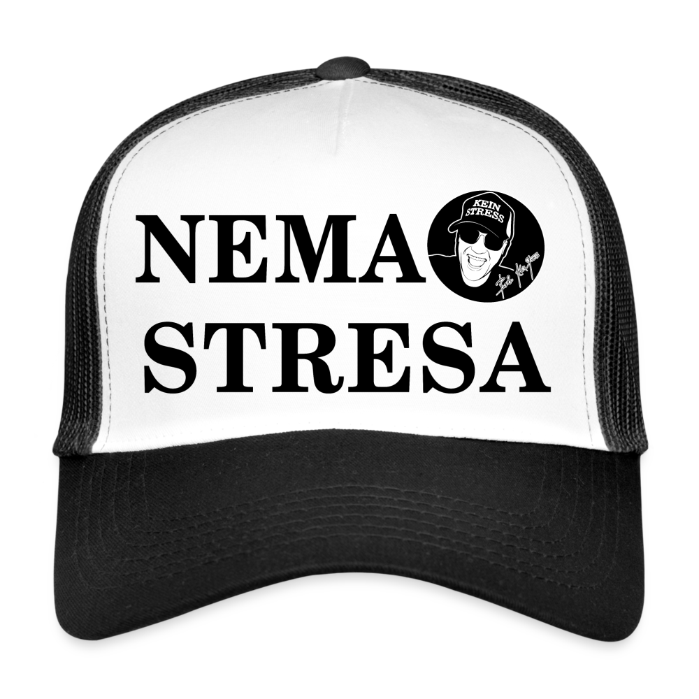 Boscho Kein Stress ® Trucker Cap Text kroatisch NEMA STRESA mit Logo - Weiß/Schwarz