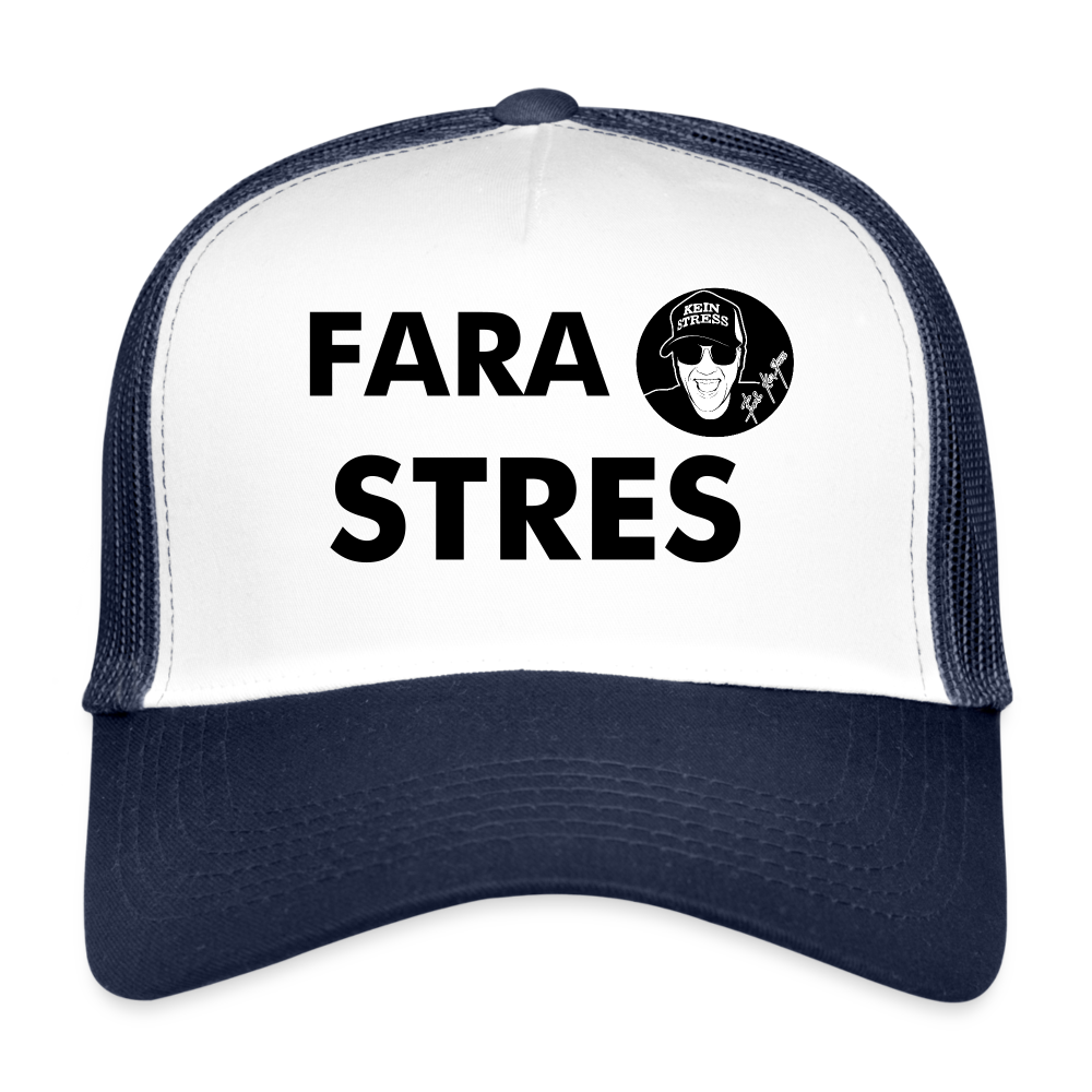 Boscho Kein Stress ® Trucker Cap Text Rumänisch mit Logo FARA STRES - Weiß/Navy