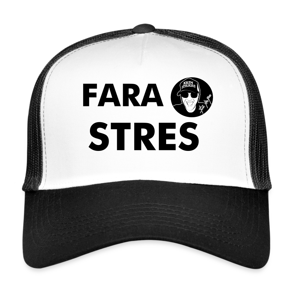 Boscho Kein Stress ® Trucker Cap Text Rumänisch mit Logo FARA STRES - Weiß/Schwarz