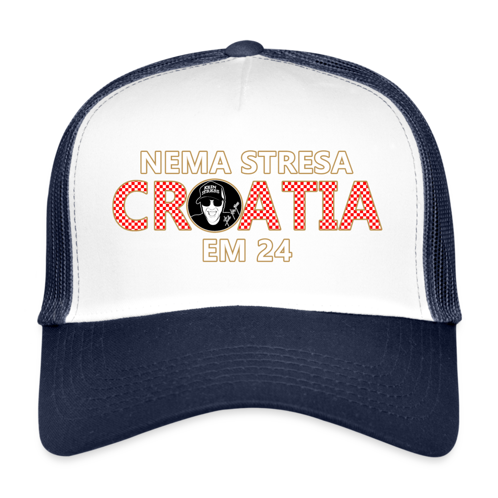 Boscho Kein Stress ® Trucker Cap EM 2024 Text Kroatisch mit Logo NEMA STRESA - Weiß/Navy