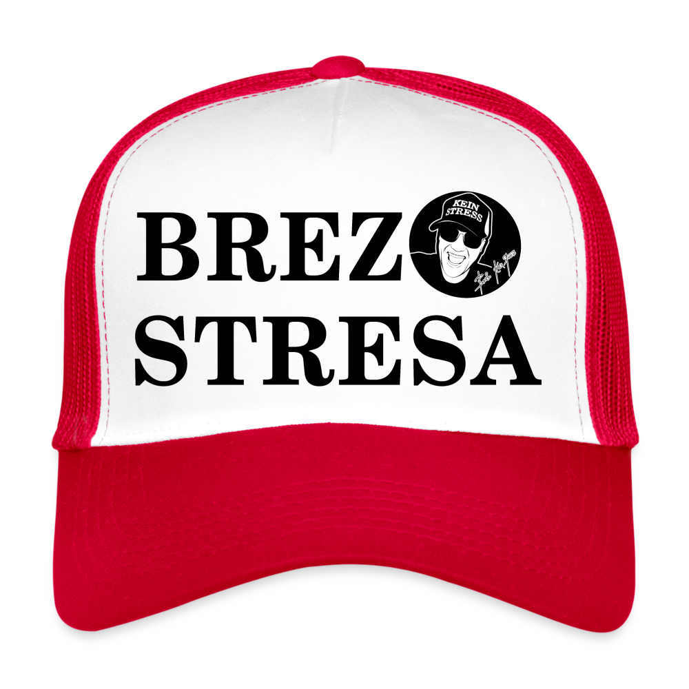 Boscho Kein Stress ® Trucker Cap Text slowenisch Brez stresa mit Logo - Weiß/Rot