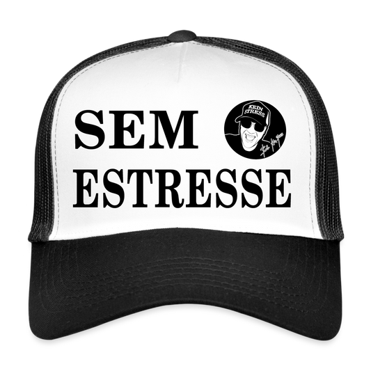 Boscho Kein Stress ® Trucker Cap Text Portugiesisch Sem estresse mit Logo - Weiß/Schwarz