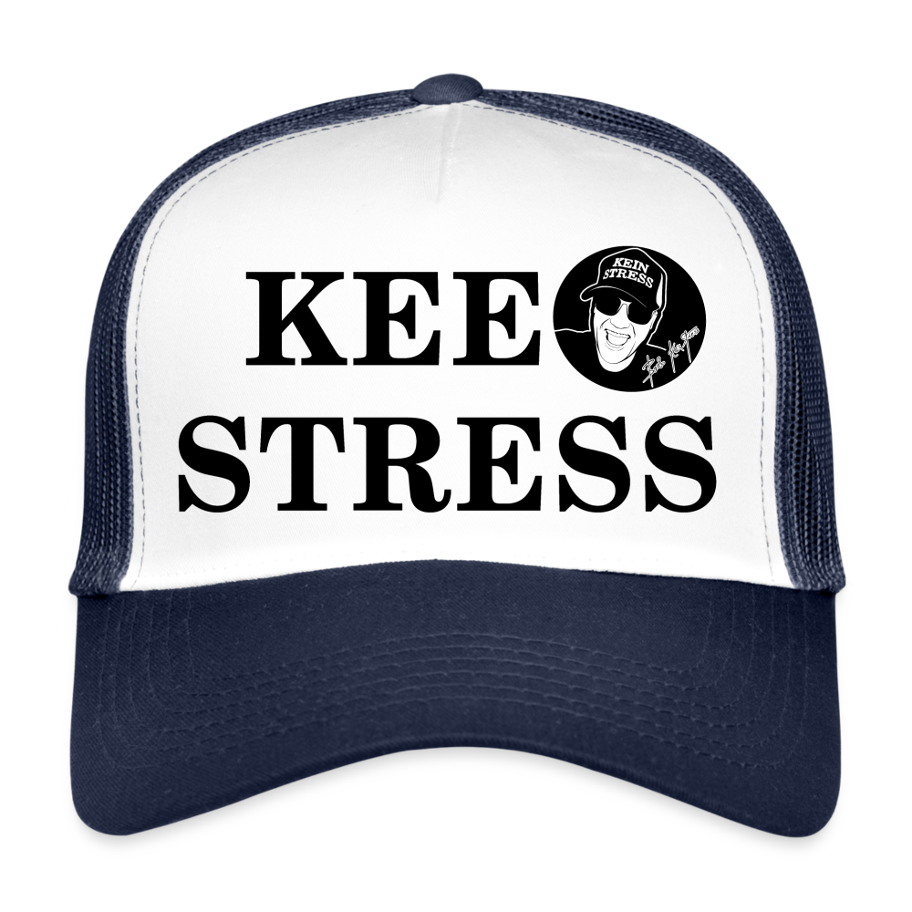 Boscho Kein Stress ® Trucker Cap Text   Luxemburgisch Kee Stress mit Logo - Weiß/Navy