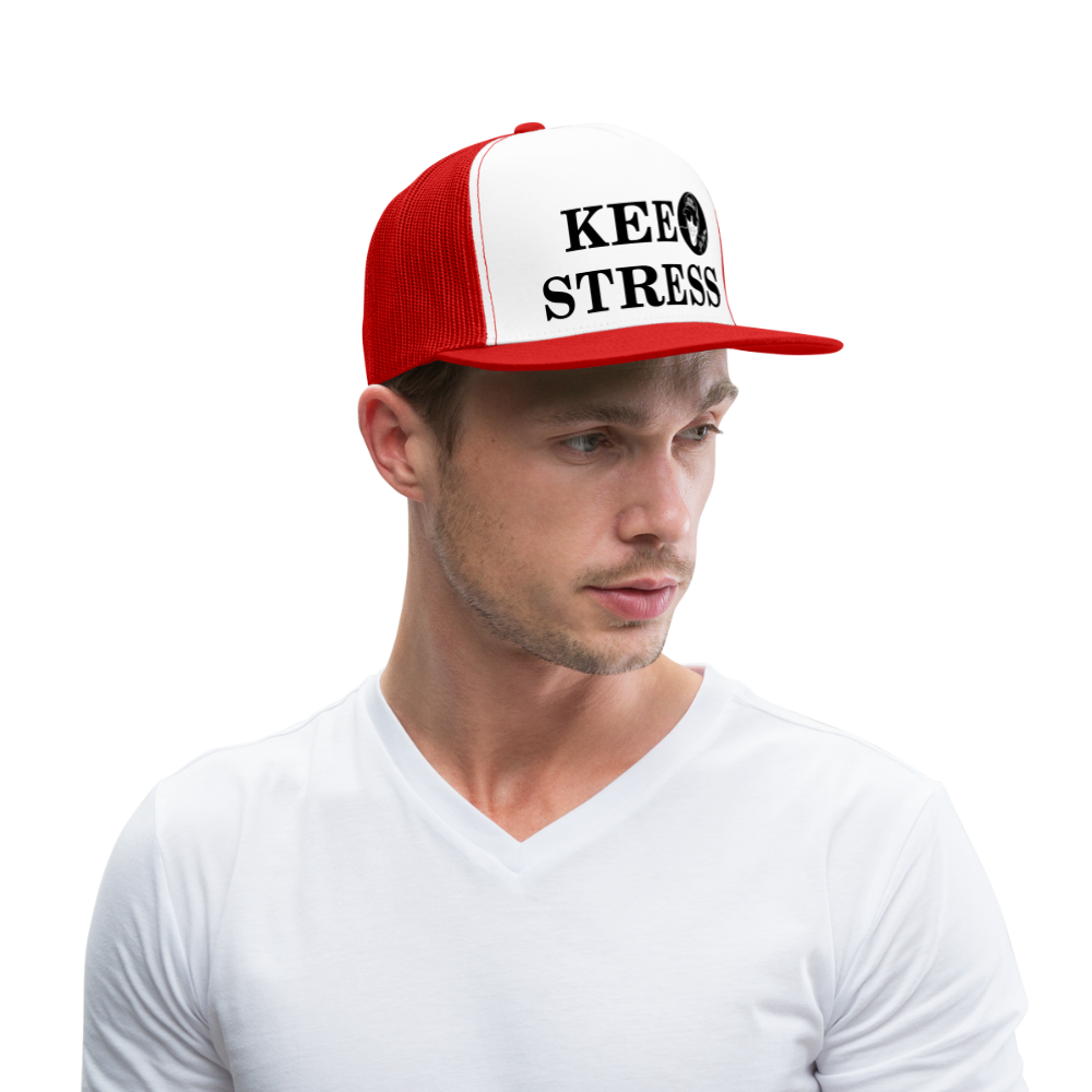 Boscho Kein Stress ® Trucker Cap Text   Luxemburgisch Kee Stress mit Logo - Weiß/Rot