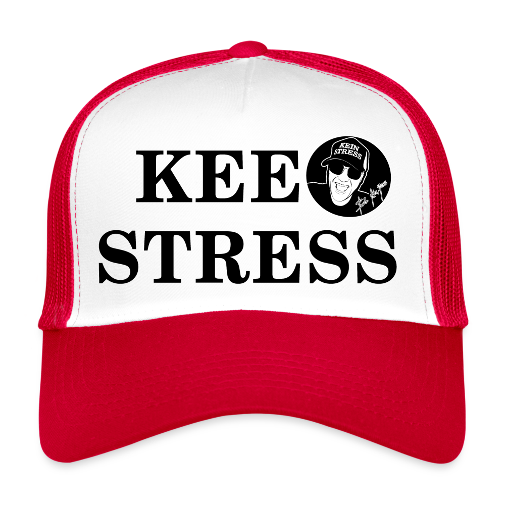 Boscho Kein Stress ® Trucker Cap Text   Luxemburgisch Kee Stress mit Logo - Weiß/Rot