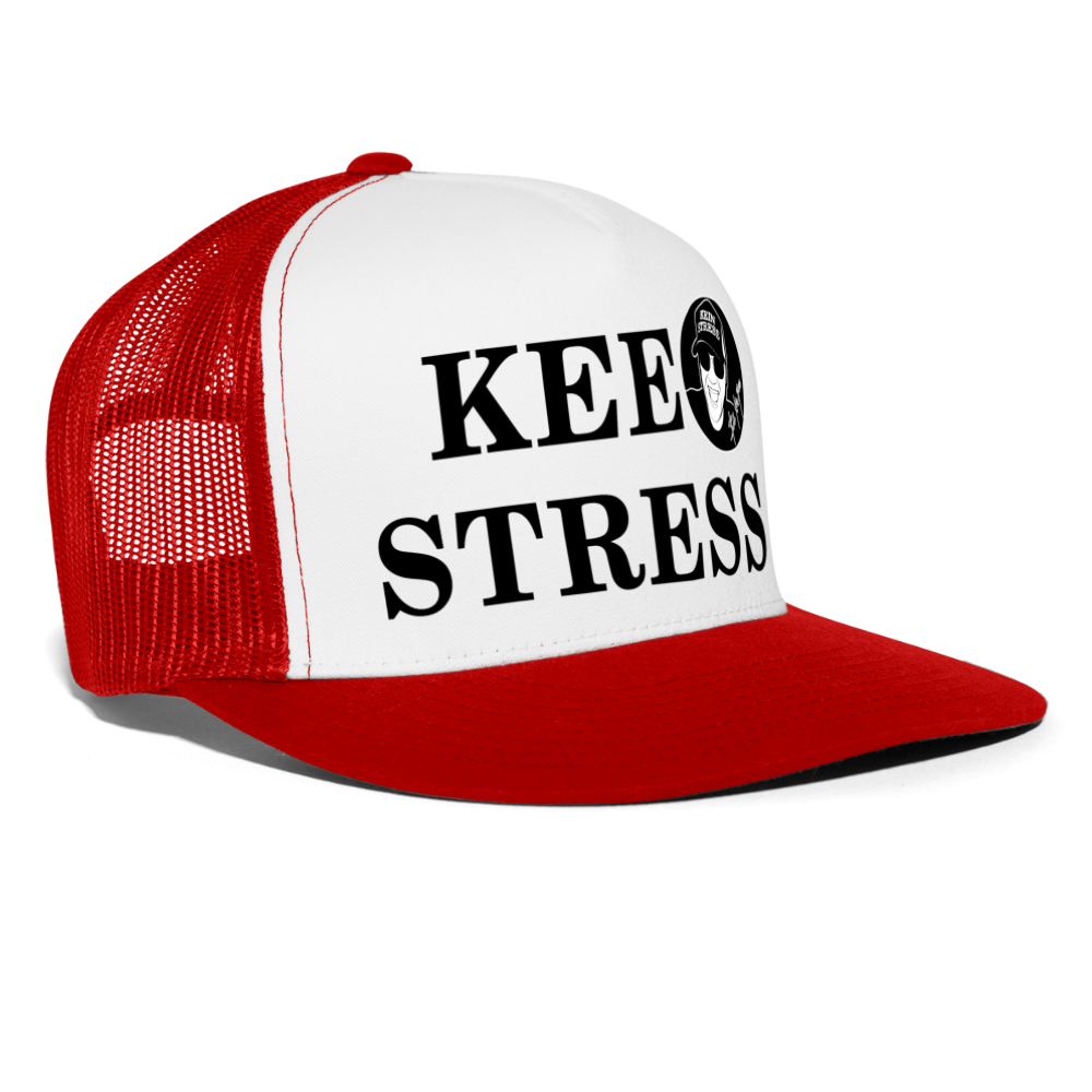 Boscho Kein Stress ® Trucker Cap Text   Luxemburgisch Kee Stress mit Logo - Weiß/Rot