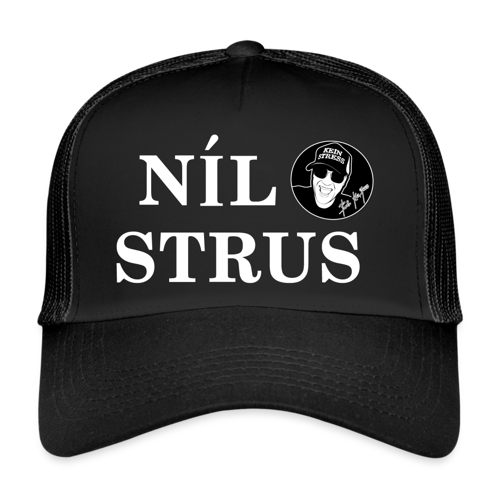Boscho Kein Stress ® Trucker Cap schwarz Text Irisch Nil strus mit Logo - Schwarz/Schwarz