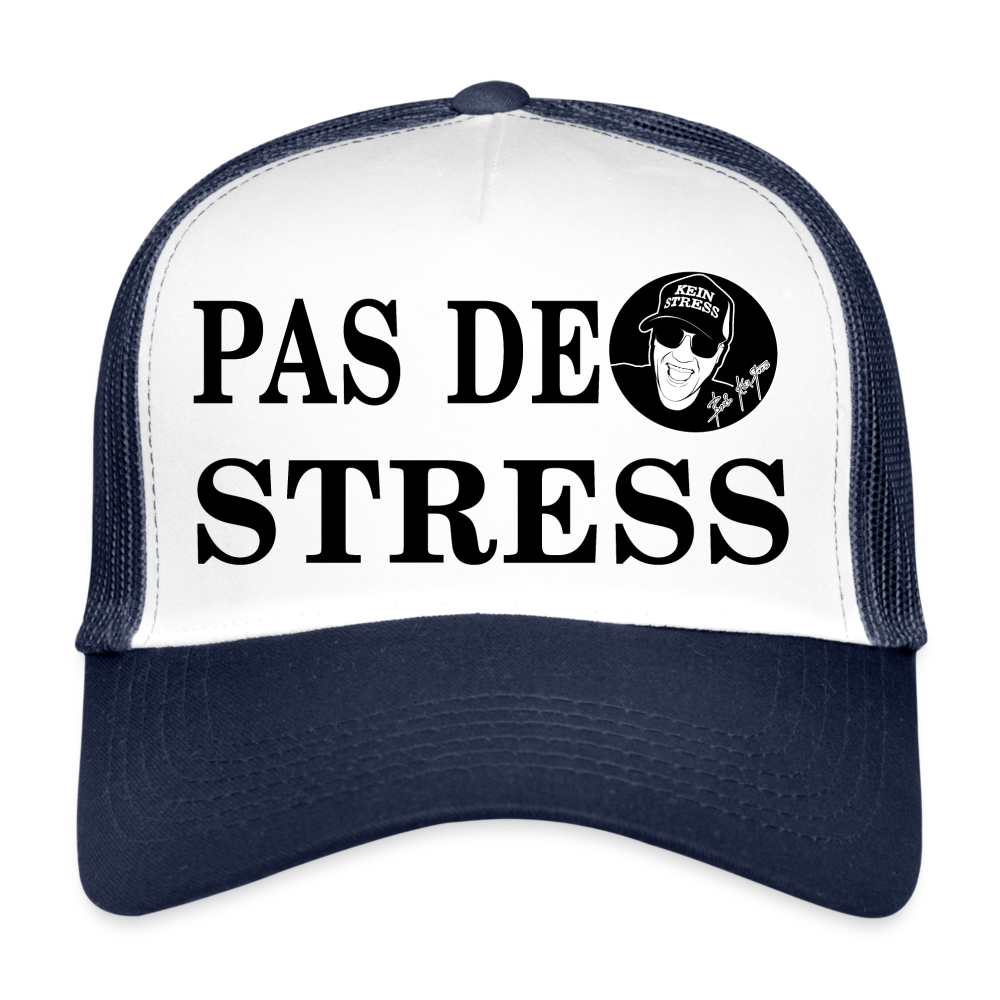 Boscho Kein Stress ® Trucker Cap Text französisch PAS DE STRESS mit Logo - Weiß/Navy