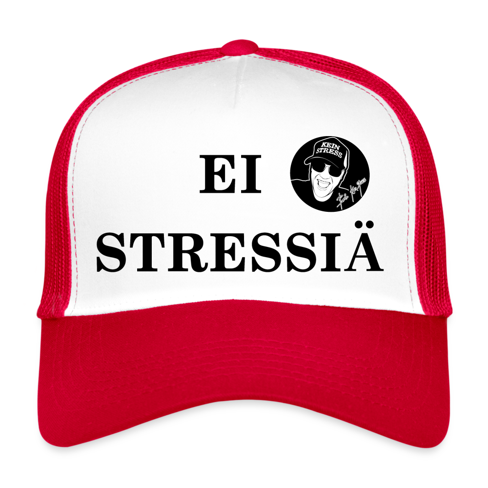 Boscho Kein Stress ® Trucker Cap Text finnisch EI STRESSIÄ mit Logo - Weiß/Rot