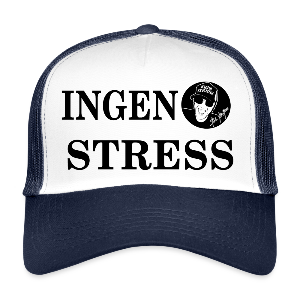 Boscho Kein Stress ® Trucker Cap Text dänisch INGEN STRESS mit Logo - Weiß/Navy