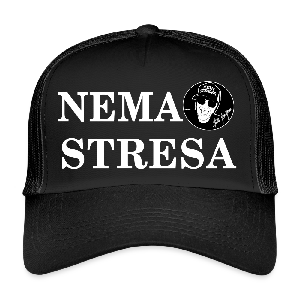 Boscho Kein Stress ® Trucker Cap schwarz Text kroatisch NEMA STRESA mit Logo - Schwarz/Schwarz