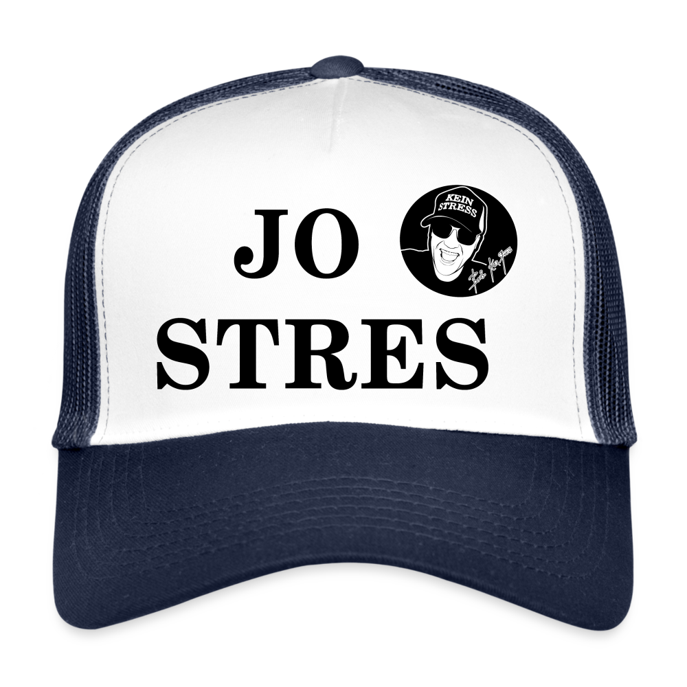 Boscho Kein Stress ® Trucker Cap Text albanisch JO STRES mit Logo - Weiß/Navy