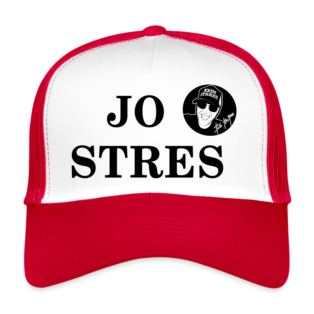 Boscho Kein Stress ® Trucker Cap Text albanisch JO STRES mit Logo - Weiß/Rot